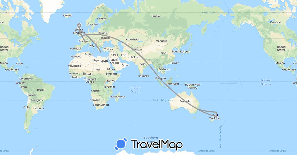 TravelMap itinerary: driving, plane in Australia, France, United Kingdom, Greece, New Zealand, Singapore (Asia, Europe, Oceania)